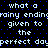 Pixelated text repeats 'what a rainy ending given to the perfect day' in white on black with blue dots, arranged in two mirrored