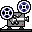 Two pixel-art film projectors with blue-and-black reels, gray bodies, white accents, and red feet on a light gray background.