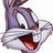 Pixelated cartoon rabbit head with open mouth, pink text on yellow background reading "BuGs BuNny Owns!"