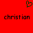 Red background with green pixelated heart symbol above two identical black text strings reading 'christian' in lowercase.