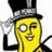 Pixelated yellow character with top hat saluting, blue background with text about Mr. Peanut's happiness and lunch plans.