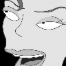 Static grayscale image of a cartoon character's face in profile, showing one eye, nose, and mouth with a neutral expression against a black background.