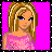 Pixel art contact sheet of a cartoon character with blonde and pink hair, wearing a sparkly top and black pants, displayed across four frames on a bright pink background.