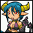 Pixelated anime-style character with blue hair and yellow horns holding a weapon, next to "Anime IM" text on black background.