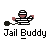 Pixelated character in black-and-white striped outfit with red accents holds a dark object, below text reading "Jail Buddy" on gray background.