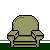 Pixel art animation showing a character in a white tank top and blue shorts interacting with an olive-green armchair, transitioning from empty chair to seated figure with spilled contents.