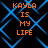 Blue geometric pattern with orange text reading "KAYLA IS MY LIFE" repeated four times on a black background