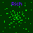 Green pixelated particles scatter across a dark green background with purple "Rich" text above each cluster, while the right side shows a solid gray rectangle.