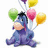 A pixelated blue donkey sits holding five colorful balloons in green, yellow, pink, and two orange hues against a white background.