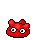 Six red pixel-art faces with bow-shaped ears, varying eye expressions and one closed-eye pose on gray background.