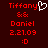 Red pixelated text on dark red background with white heart symbol replacing 'y' in 'Tiffany' and ':D' emoticon below.