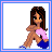 Pixel art of a seated figure with long brown hair, wearing a pink top and blue shorts, with text variations and transparency effects.