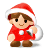 Pixel art character in red Santa outfit with white trim, brown hair, and brown boots standing against gray background across two animation frames.