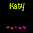 Yellow pixelated text 'Katy' above pink and purple heart symbols on a black background, with two distinct arrangements of hearts.