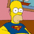 Homer Simpson in a blue and red Superman costume with a yellow 'S' shield, standing against a pink and brown background, with yellow pixelated text on a blue background.