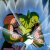 Two pixelated figures in dynamic pose against a blue gradient background, one with red hair and green clothing holding an object emitting light.