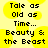 Pixelated text on a yellow background with black lettering, showing 'Tale as Old as Time... Beauty & the Beast' in two identical side-by-side