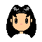 Pixel art avatar with black shoulder-length hair and two gray bows, displaying multiple facial expressions across four of each