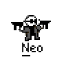 Pixel art contact sheet showing two frames of an animated buddy icon with a character holding guns and yellow muzzle flashes.