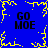 Blue background with yellow pixelated border and central starburst, four instances of 'GO MOE' text in black block letters.
