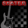 Red text 'SKATER' above a grayscale electric guitar on a black background with a checkered pattern.