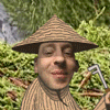 Animated sequence of a person in traditional attire holding a straw hat and drinking from a cup, with smoke or vapor emanating from the mouth.