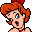 Pixelated cartoon character with orange hair and red head accessory, static single-frame image on gray background.