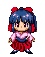 Pixel art character with blue hair and red bows wears pink top and red skirt, shown in multiple poses including standing, waving, and smiling.