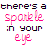 Pixelated text repeats 'there's a sparkle in your eye' and 'there's a place in your heart' with pink hearts, set against white background.
