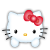 White cat with red bow, black eyes, yellow nose; five variations show changing facial symbols on gray background.