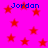 Bright pink background with scattered red stars and blue text reading "Jordan" in four locations.