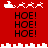 Red background with white pixelated Santa sleigh and reindeer icons above repeated black 'HOE!' text in four quadrants, separated by a white cityscape-like border.