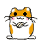 Two pixelated hamster-like characters with orange and white fur, black eyes, pink cheeks, and whiskers; one holds a fish while the other has heart-shaped eyes.
