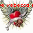 Red pixelated text 'rebecca' appears above a stylized figure with red and brown elements against a grayish background.