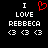 Black background displays white text "I LOVE REBBERCA" with three heart symbols below, and a red pixelated heart symbol above the word "LOVE".