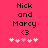 Pixelated text 'Nick and Marcy <3' on bright pink background with five white hearts below, two versions differ in heart coloration.