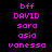 Pixelated text list with alternating green highlights on black background, showing names bff, DAVID, sara, asia, vanessa in pink and green.