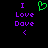 Pixelated text and symbols on black background: purple 'I Love Dove' with green heart and purple arrow, static display.
