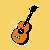 Pixelated guitar icons on yellow and dark backgrounds with text overlays, including acoustic and electric guitars in various styles.