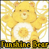 Yellow Care Bear with white belly emblem, raised arms, and smiling expression against yellow floral background; text "Funshine Bear" below.