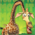 Pixelated giraffe with brown and white spots, long neck arched left, mouth open showing pink tongue, green background.