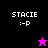 Pixelated icon with 'STACIE :-P' text and a star symbol, displayed in four color variations: black background with pink star, purple background with pink star, bright pink background with black star, and dark purple background with black star.
