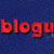 Red pixelated text 'blogu' on a dark blue pixelated background with subtle purple and cyan accents.