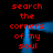 Red text reading 'search the corners of my soul' arranged in a pattern over black background with blue pixelated lines forming an arch and vertical bars