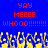 Blue background with red pixelated text reading 'YAY MEEEE WHOO!!!!!!!!' repeated twice, yellow pixelated shapes below.