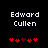 Pixelated text 'Edward Cullen' above red heart symbols on black background, with two distinct animation states showing heart symbol positions shifting left to right.