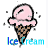 Pixelated ice cream cone with pink scoop and brown waffle cone, surrounded by scattered gray dots on white background.