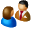 Two pixelated figures in business attire face each other against a gray background; one figure has visible facial features while the other's back is turned.