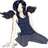 Pixelated figure in dark blue dress with white collar, arms extended horizontally against plain background.