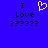 Blue background with black text 'I Love' and six question marks below, a white pixelated heart symbol between two identical text blocks.
